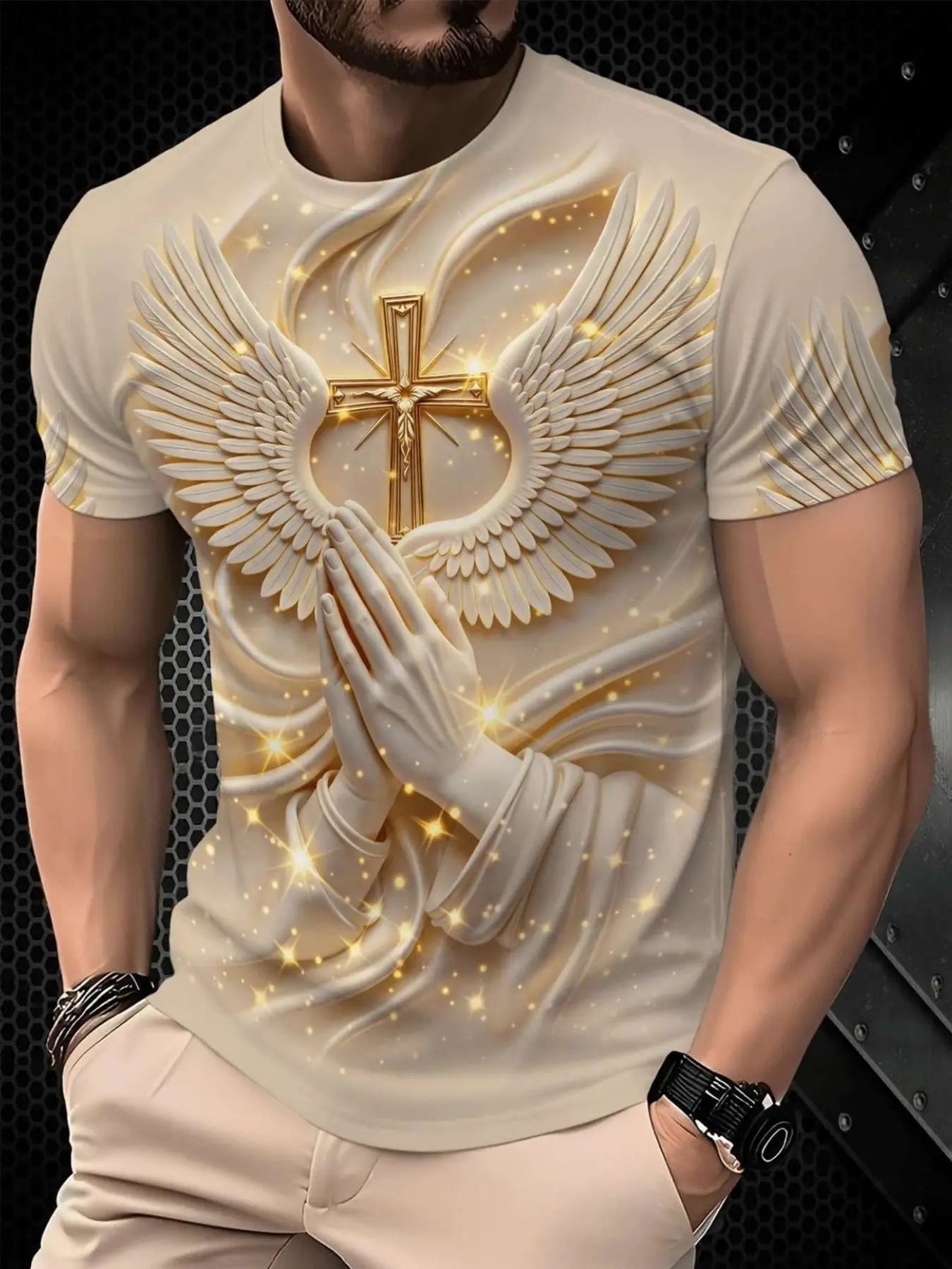 Men's 3D Cross & Angel Wings Graphic T-Shirt, Slim-Fit Short Sleeve Christian Crew Neck Summer Tee