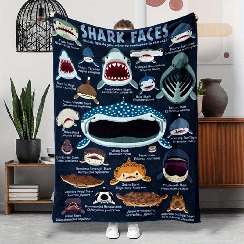 Weiche, lustige Kuscheldecke im Küstenstil mit Haifischmotiven, Flanell, Ganzjahresstrick, vielseitig einsetzbar für Reisen, Camping und als Sofadecke mit Tiermotiven