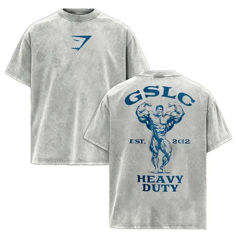 Vintage Washed Heavy Duty Gym T-Shirt – Oversized Bodybuilding Graphic Cotton Tee for Men