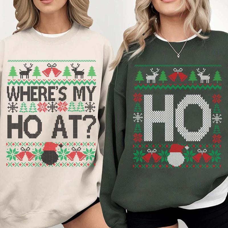 Lustige Weihnachtspullover für Paare, „Where's My Ho At“- und „Ho“-Weihnachtspullover, Partnerlook-Shirts für die Weihnachtsfeier, Partnerlook-Shirts für Ehepaare 