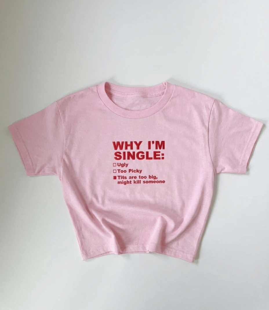 Besticktes T-Shirt „Warum ich Single bin (Tittenversion)“ aus den 90ern und Y2K 