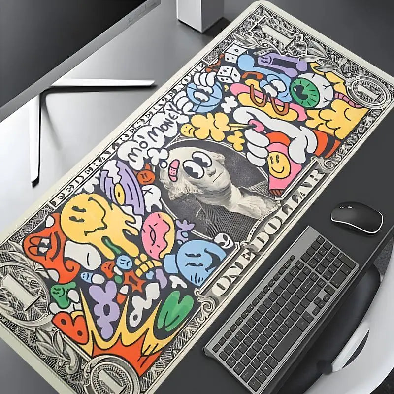 Street Art Dollar Bill Desk Mat – Graffiti Gaming Mouse Pad with Stitched Edges & Non-Slip Base