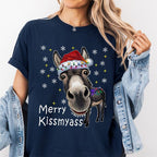 Lustige Weihnachtsmannmütze mit Eselmotiv und T-Shirt mit dem Aufdruck „MERRY KISSMYASS“ – Unisex-Freizeit-T-Shirt – Humorvolles Outfit für die Weihnachtsfeier 