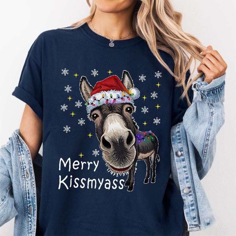 Lustige Weihnachtsmannmütze mit Eselmotiv und T-Shirt mit dem Aufdruck „MERRY KISSMYASS“ – Unisex-Freizeit-T-Shirt – Humorvolles Outfit für die Weihnachtsfeier 