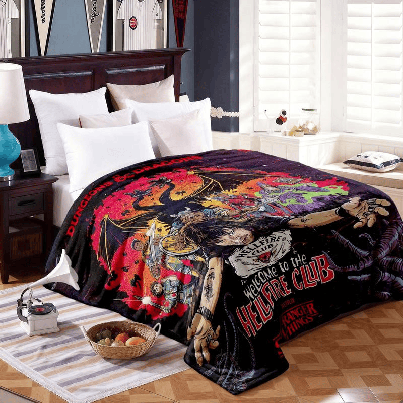 Stranger Things Hellfire Club Dragon & Dungeon Slogan Print Blanket, Vintage Fantasy Illustration, Soft Warm Throw, Home Sofa Decor, Gift for TV Show Fans