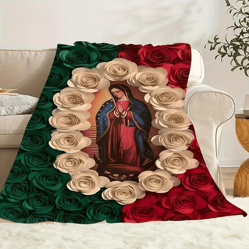 Weiche, lustige Kuscheldecke mit Jungfrau Maria und Rose, Flanelldecke, bequeme Ganzjahresdecke, geeignet zum Nickerchen, Camping, Reisen, farbenfrohes Design mit mexikanischer Flagge, perfektes Geschenk für Freunde und Familie.