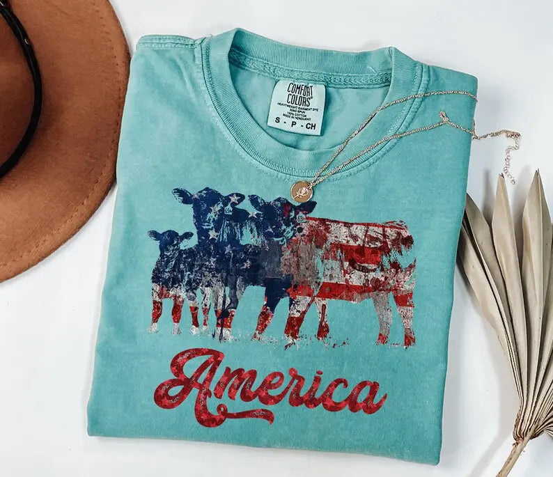 Comfort Colors Patriotic Cattle Tee: Ranching USA Flag Apparel