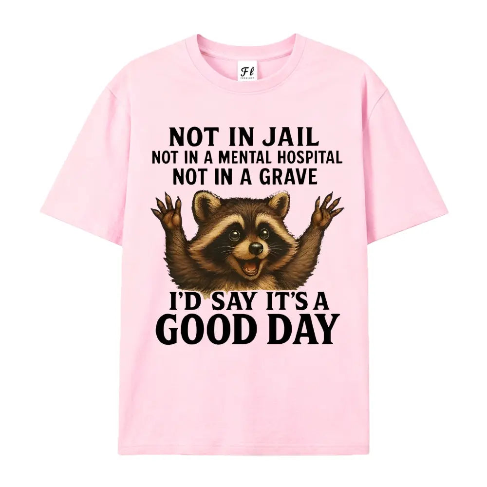 Women's Plus Size Funny Raccoon T-Shirt - "Not in Jail... Good Day" Sarcastic Graphic Tee - Soft Black Casual Top