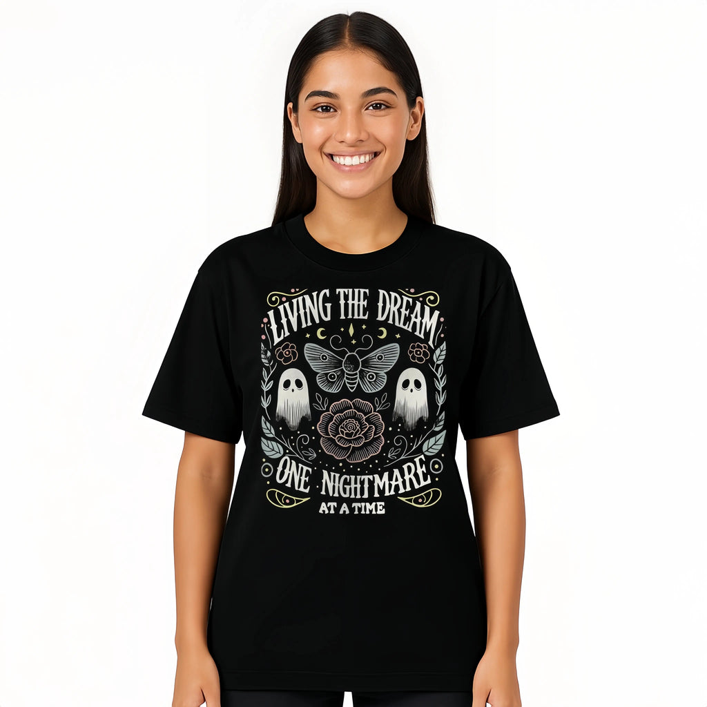 Women's Soft Fabric Vintage-Inspired Streetwear Short-Sleeve T-Shirt - "Living The Dream 1 Nightmare At A Time" Graphic, Loose Casual Chic Everyday Tee, Spring Glow Up, Outdoor Fun