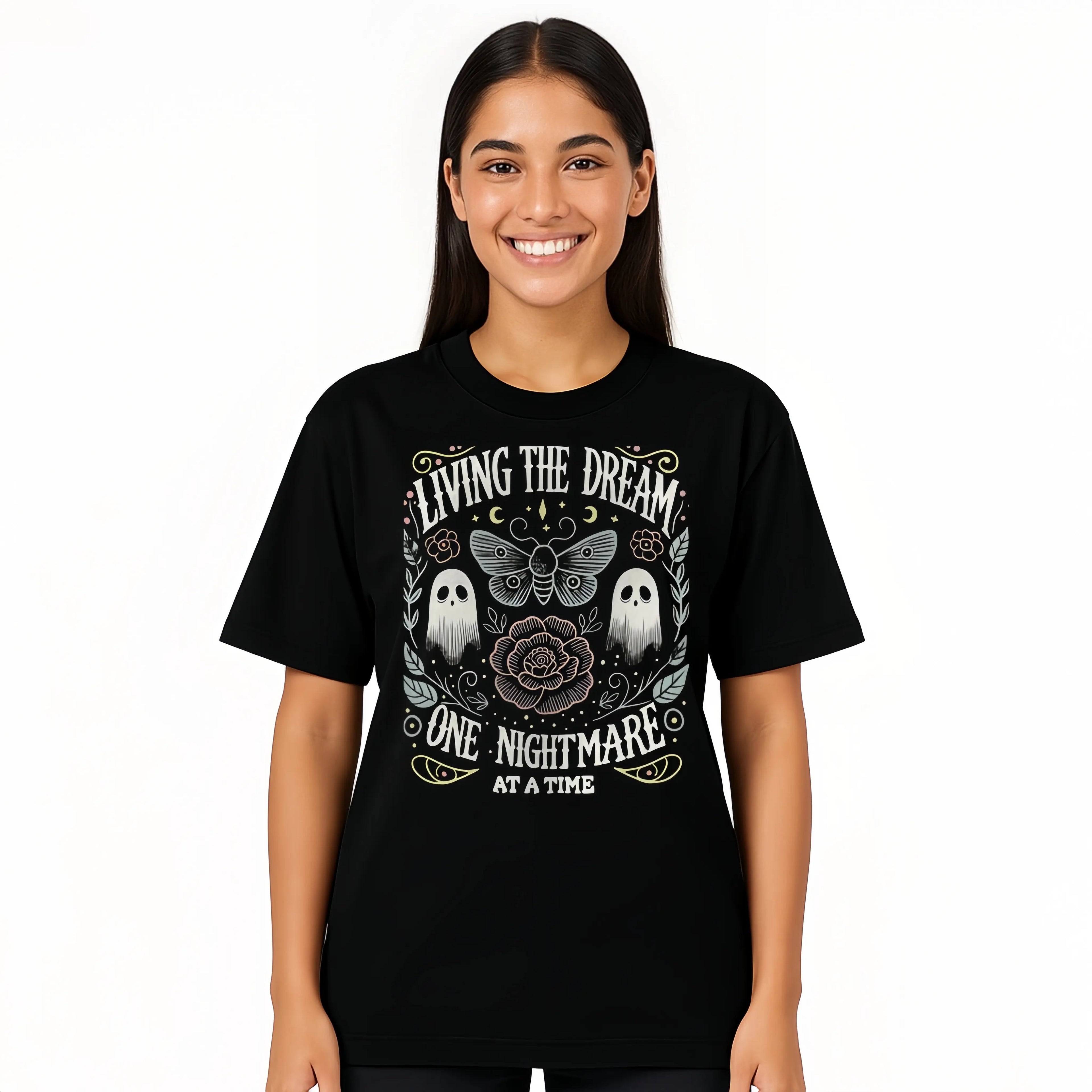 Women's Soft Fabric Vintage-Inspired Streetwear Short-Sleeve T-Shirt - "Living The Dream 1 Nightmare At A Time" Graphic, Loose Casual Chic Everyday Tee, Spring Glow Up, Outdoor Fun