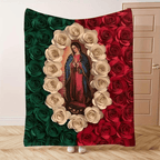 Weiche, lustige Kuscheldecke mit Jungfrau Maria und Rose, Flanelldecke, bequeme Ganzjahresdecke, geeignet zum Nickerchen, Camping, Reisen, farbenfrohes Design mit mexikanischer Flagge, perfektes Geschenk für Freunde und Familie.