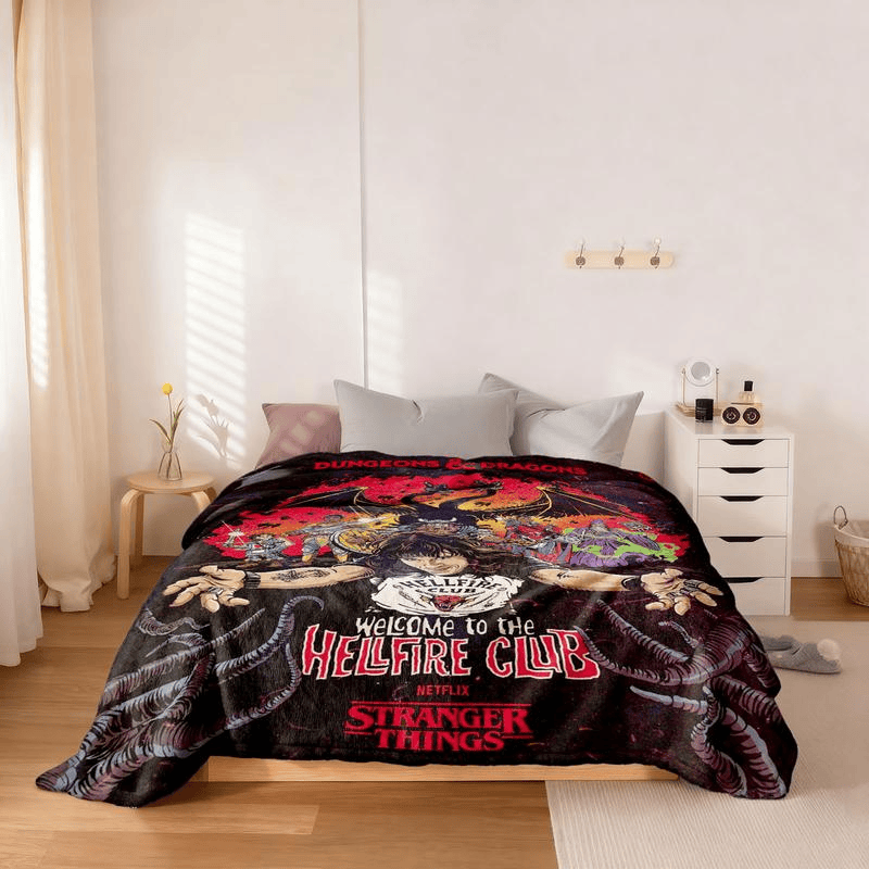 Stranger Things Hellfire Club Dragon & Dungeon Slogan Print Blanket, Vintage Fantasy Illustration, Soft Warm Throw, Home Sofa Decor, Gift for TV Show Fans