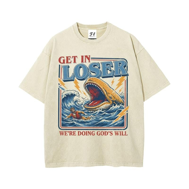 Men's Unisex Cotton Round Neck Oversized Washed T-Shirt - Christian Streetwear, Jonah and the Whale Graphic, \"Get In Loser We're Doing God's Will\" Verse, Faith Humor Fabric Style Religious Gift