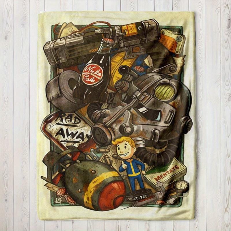 Fallout themed printed flannel blanket with retro game design