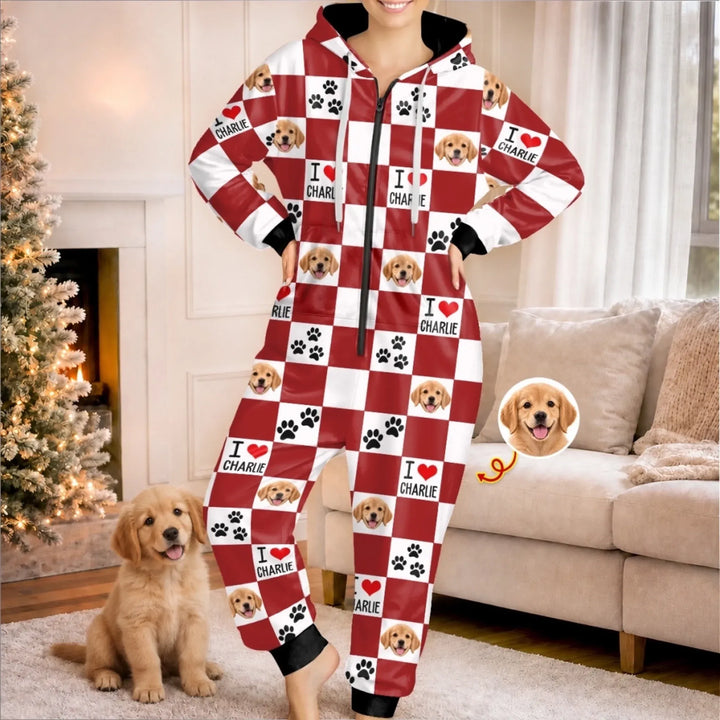 Custom Photo Onesie Pajamas - Personalized Christmas Birthday Gifts For Dog Cat Lovers, Dog Dad And Mom, Cat Owners -  Sleep, Eat, Repeat