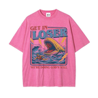 Men's Unisex Cotton Round Neck Oversized Washed T-Shirt - Christian Streetwear, Jonah and the Whale Graphic, \"Get In Loser We're Doing God's Will\" Verse, Faith Humor Fabric Style Religious Gift