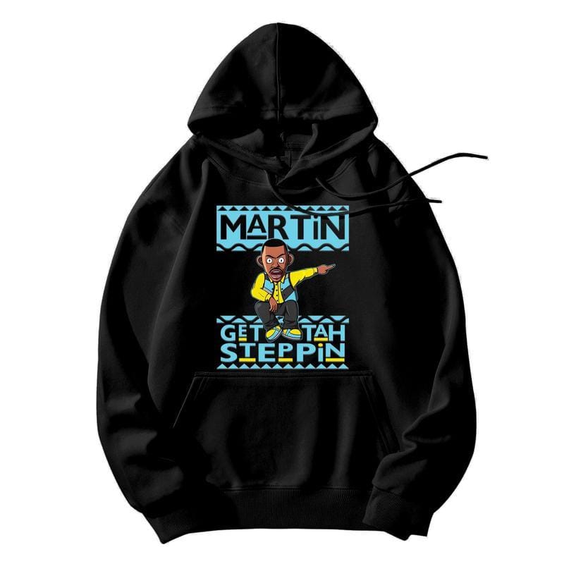 Men's "Martin Get Tah Steppin" Hoodie Trending on  Stylish Retro Streetwear for Fashion Forward Individuals Menswear Vintage Long Sleeve Pullover Black