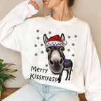 Lustige Weihnachtsmannmütze mit Eselmotiv und T-Shirt mit dem Aufdruck „MERRY KISSMYASS“ – Unisex-Freizeit-T-Shirt – Humorvolles Outfit für die Weihnachtsfeier 