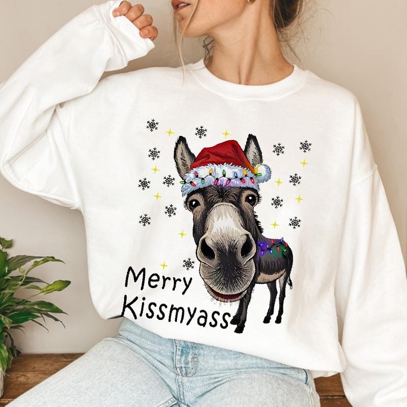 Lustige Weihnachtsmannmütze mit Eselmotiv und T-Shirt mit dem Aufdruck „MERRY KISSMYASS“ – Unisex-Freizeit-T-Shirt – Humorvolles Outfit für die Weihnachtsfeier 