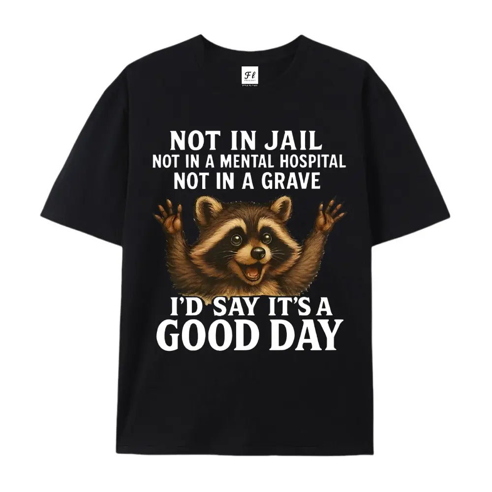Women's Plus Size Funny Raccoon T-Shirt - "Not in Jail... Good Day" Sarcastic Graphic Tee - Soft Black Casual Top