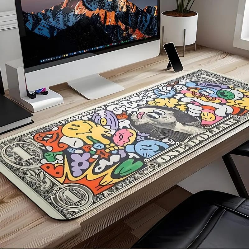 Street Art Dollar Bill Desk Mat – Graffiti Gaming Mouse Pad with Stitched Edges & Non-Slip Base