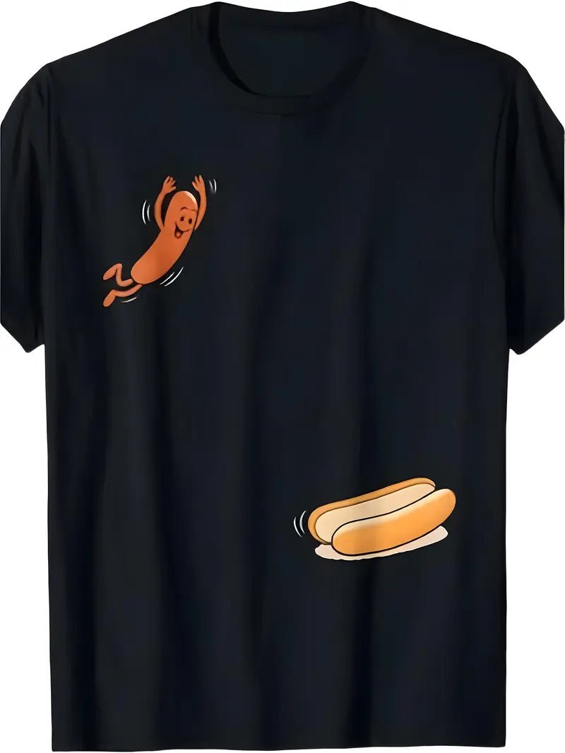 Humorous T-shirt Hot Dog Jumping into Bread Perfect for Summer Barbecues in 2026 Man Man Fun Design