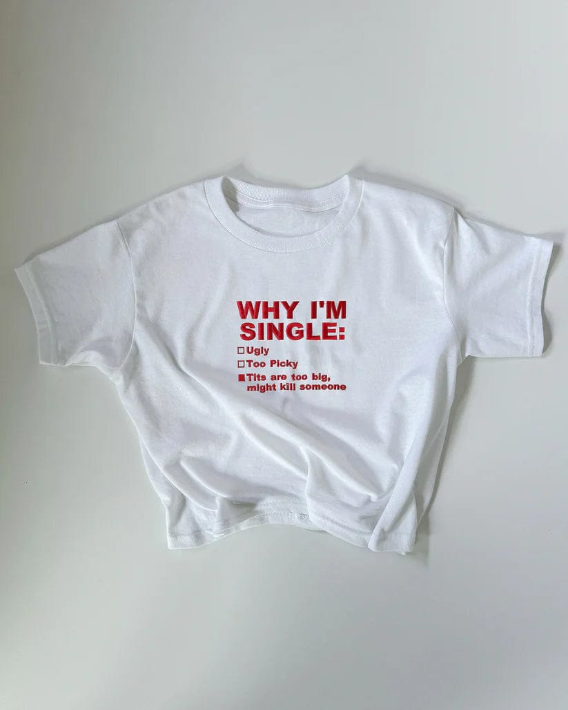 Besticktes T-Shirt „Warum ich Single bin (Tittenversion)“ aus den 90ern und Y2K 