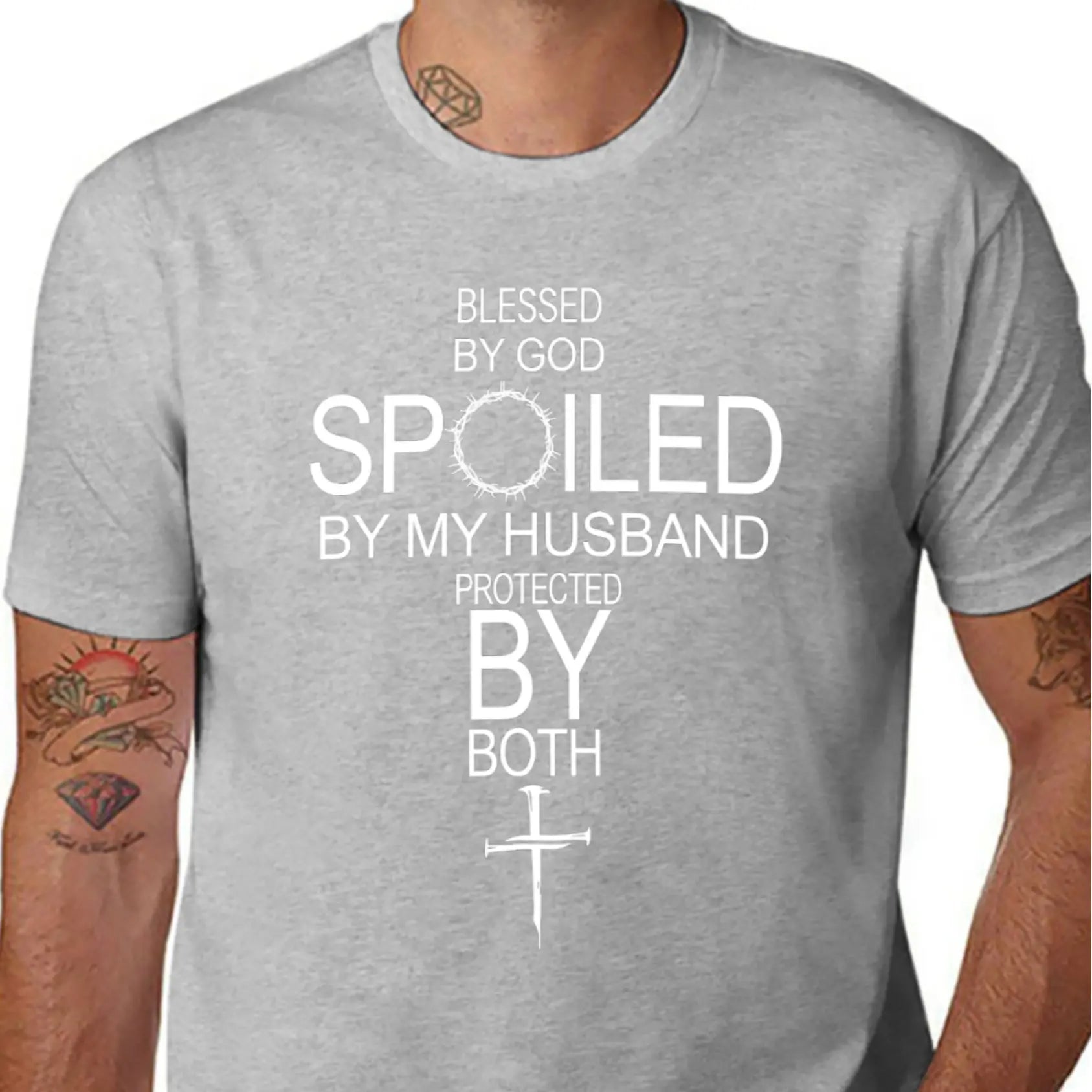 Men's and woman 100% Cotton Short-Sleeve Round Neck Crew Neck T-Shirt, "By God Spoiled By My Husband Protected By Both" Graphic, Casual Chic Minimalist Black Top Unisex
