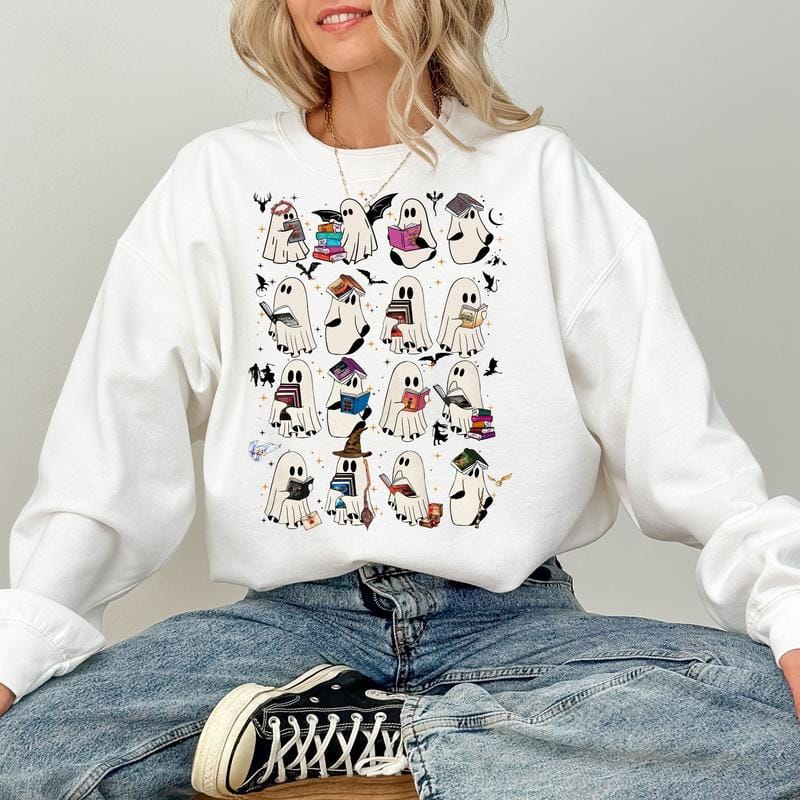 Retro-Geisterbuch-Fantasy-Sweatshirt, Halloween-Buch-Shirt, Bücherwurm-Geister-Sweatshirt 
