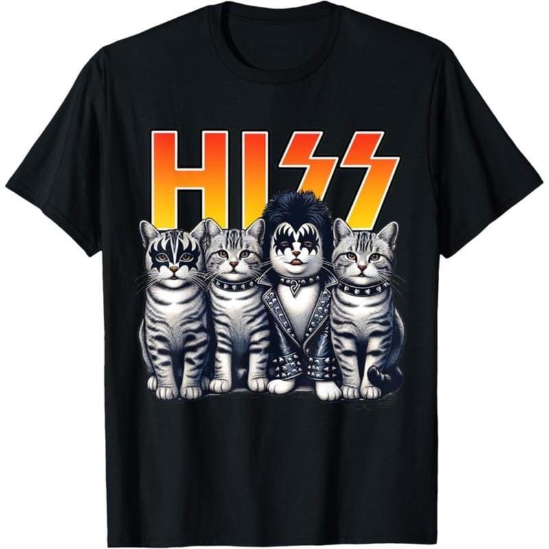 Niedliches T-Shirt mit Katzenmotiv: „Hiss Cats Rock Kittens Kitty Rocking Music Cat Lovers Men T-Shirt“ (Herren, Damen, Unisex, Kurzarm, Freizeit, Grafik) 