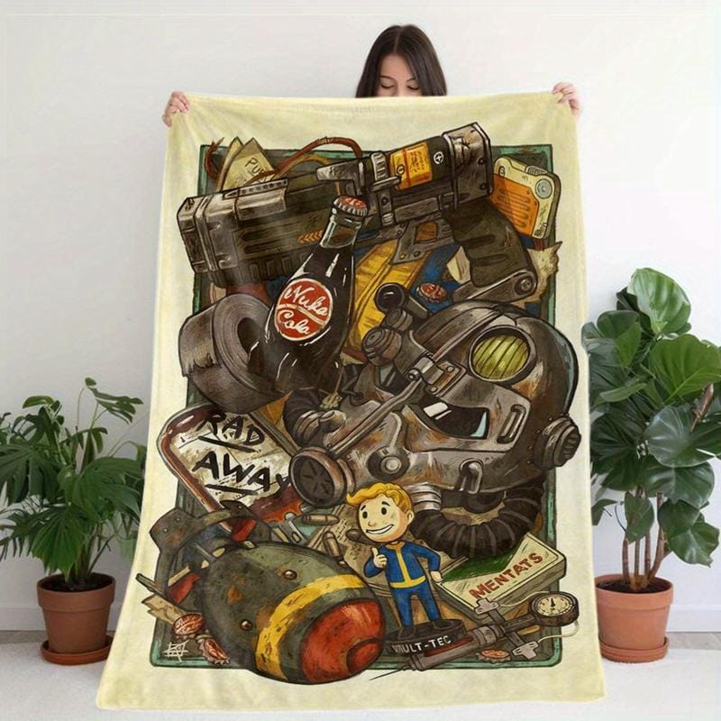 Fallout themed printed flannel blanket with retro game design