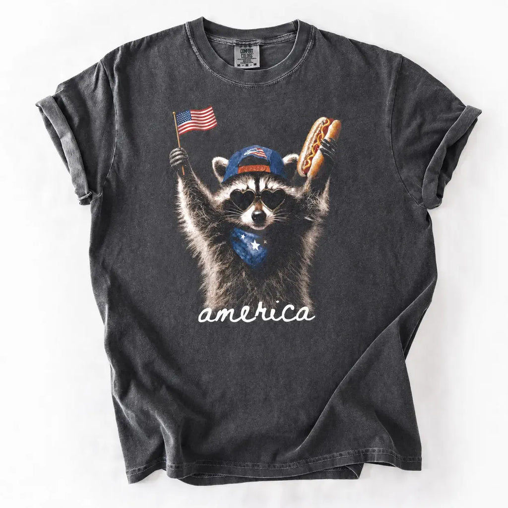 Comfort Colors Feral Raccoon Patriotic T-Shirt - Funny 4th of July America Tee for Men & Women