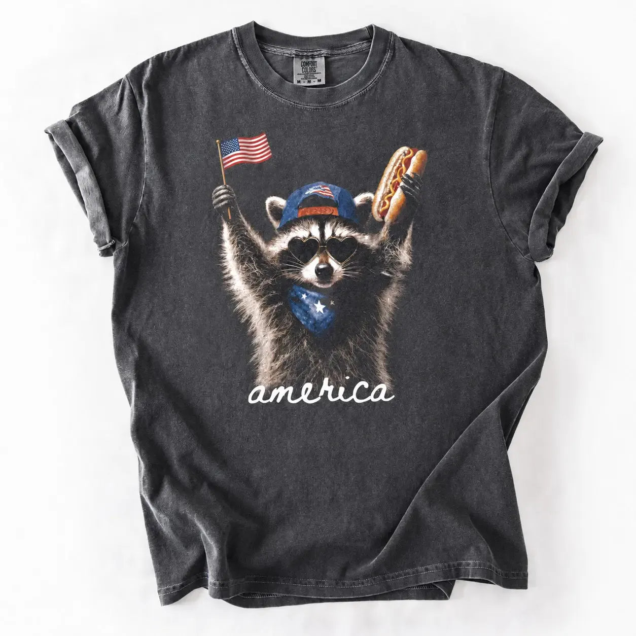 Comfort Colors Feral Raccoon Patriotic T-Shirt - Funny 4th of July America Tee for Men & Women