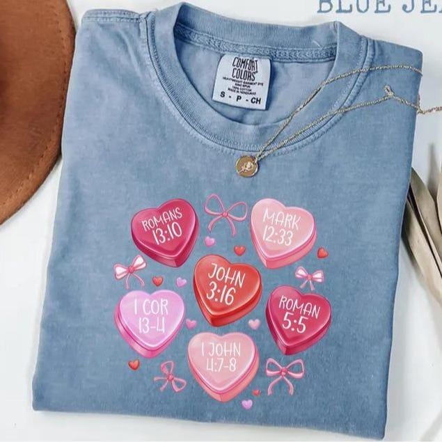 Valentine Comfort Colors Shirt, Candy Hearts Bible Verse Tee