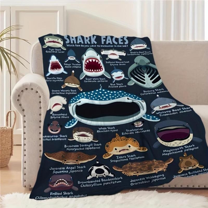 Weiche, lustige Kuscheldecke im Küstenstil mit Haifischmotiven, Flanell, Ganzjahresstrick, vielseitig einsetzbar für Reisen, Camping und als Sofadecke mit Tiermotiven
