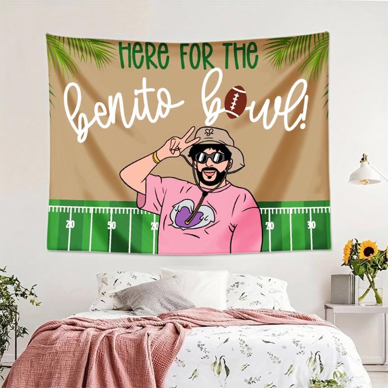 Wall Tapestry Beige And Green With Football Field Design And Text Here For The Benito Bowl Featuring Cartoon Character
