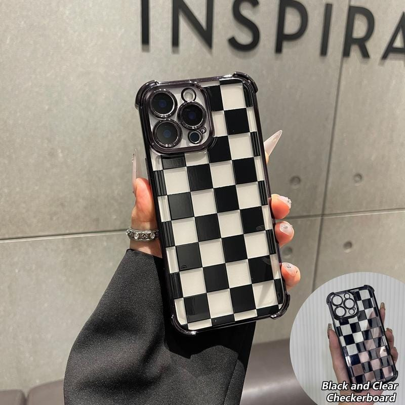 Black & Clear Checkerboard Four-Corner Drop-Proof TPU Phone Case for iPhone an d Samsung Galaxy 17 Air 16Pro Max 15 14Plus 13, S26Ultra S25 S24 S23  Simple and stylish camera protection Shockproof Anti-Drop Protection Durable Phone Case.HY13
