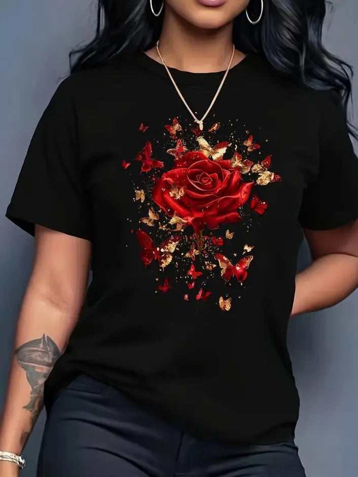 Vintage Rose & Gold Butterfly Graphic Tee - Aesthetic Streetwear Unisex T-Shirt