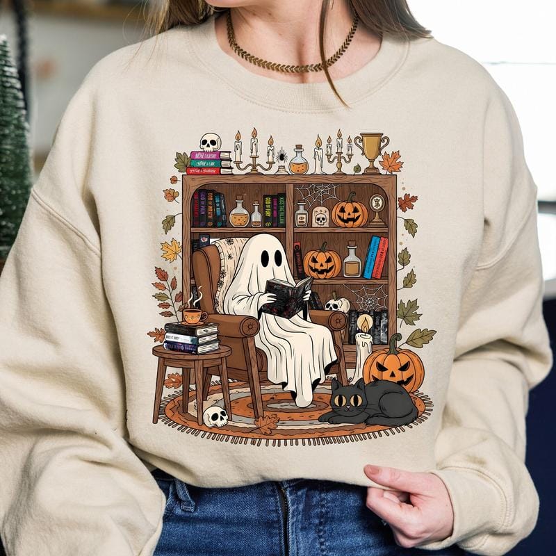 Retro-T-Shirt mit gemütlichem Geistermotiv für Halloween, Sweatshirt mit Adeline-Motiv, Hoodie mit Geistermotiv für die Herbstbibliothek 