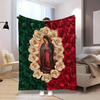 Weiche, lustige Kuscheldecke mit Jungfrau Maria und Rose, Flanelldecke, bequeme Ganzjahresdecke, geeignet zum Nickerchen, Camping, Reisen, farbenfrohes Design mit mexikanischer Flagge, perfektes Geschenk für Freunde und Familie.