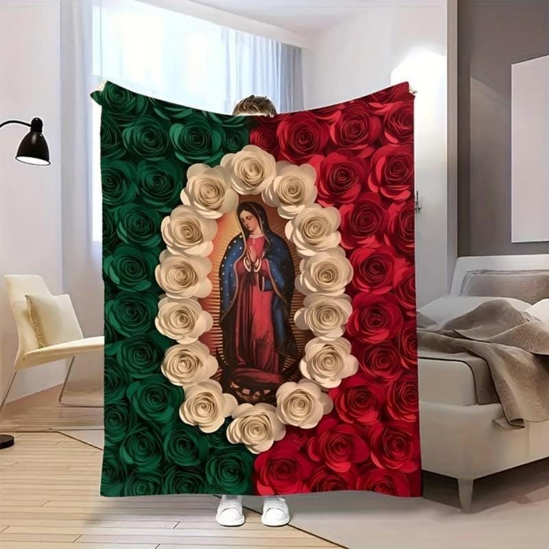Weiche, lustige Kuscheldecke mit Jungfrau Maria und Rose, Flanelldecke, bequeme Ganzjahresdecke, geeignet zum Nickerchen, Camping, Reisen, farbenfrohes Design mit mexikanischer Flagge, perfektes Geschenk für Freunde und Familie.