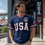 USA Flag Soccer Jersey for Men & Women with Statue of Liberty Graphic V-Neck Athletic Tee