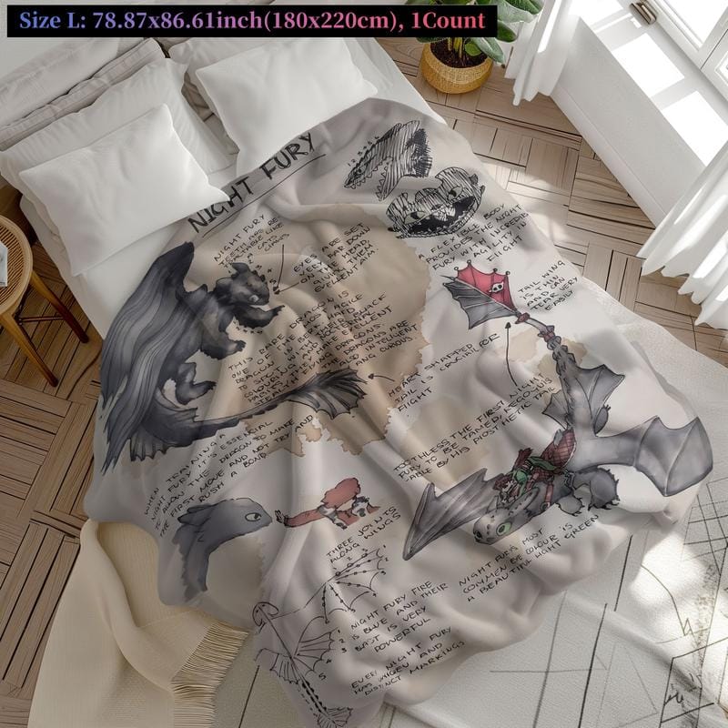 How to Train Your Dragon Sketch Throw Blanket, Night Fury Art Design Fleece Blanket, Slogan Print Blanket, Cozy Blanket for Fantasy Lovers, Soft & Warm