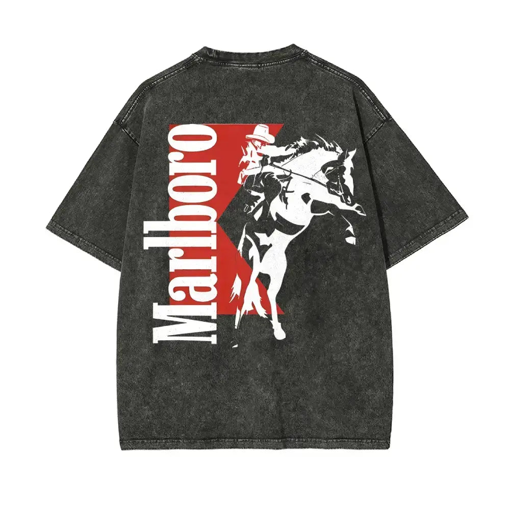 Vintage Washed Marlboro Cowboy T-Shirt, 100% Cotton Oversized Graphic Tee, Western Rodeo Unisex Streetwear