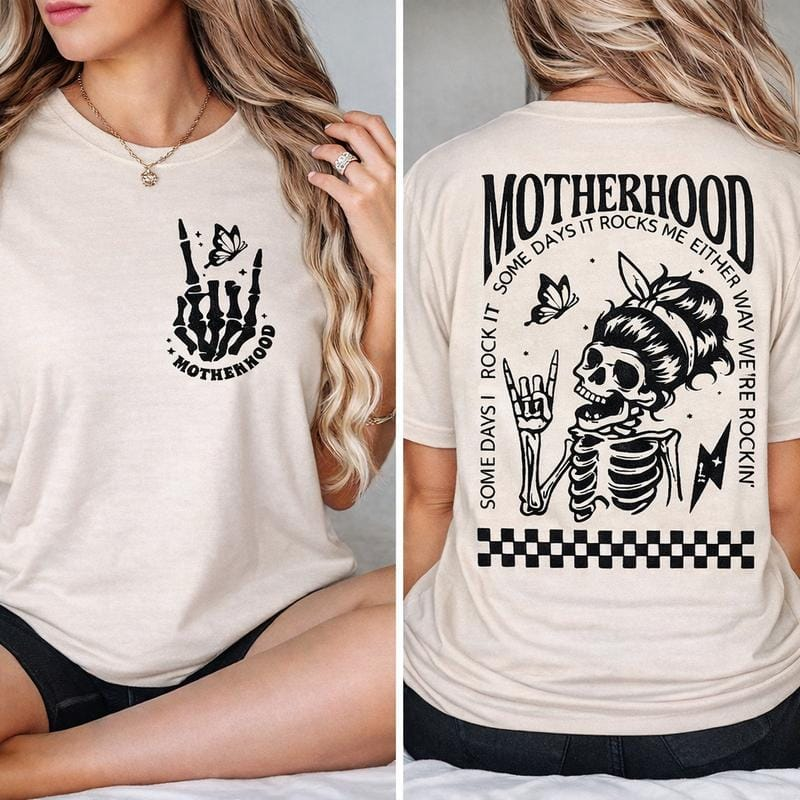 \"Motherhood: Sometimes I Rock It, Sometimes It Rocks Me\" shirt – a perfect unisex cotton tee or sweatshirt for moms, great for Mother's Day!