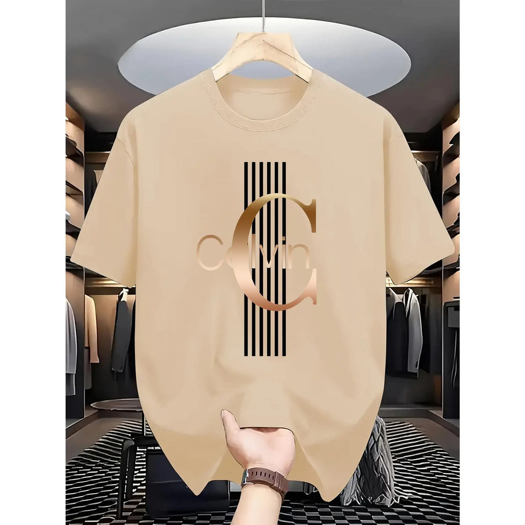 Men'S Casual Calvin Graphic T-Shirt - Bold Letter Print with Black Stripes & Golden Accents, Breathable Round Neck Summer Streetwear, Machine Washable, Comfortable Everyday Fashion Tee, Everyday Tshirt |Bold Letter Print |Comfortable Fit, T Shir Cotton