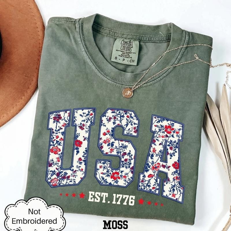 (FAUX EMBROIDERED-PRINT) Comfort Colors Floral USA Shirt, Digital Print, Not Embroidered, vinyl ink, Retro America Shirt, 4th Of July PNG, 4th Of July, Retro USA ,Soft Cotton, Unisex Fit, Classic Design Oversized Womenswear - HARSIN