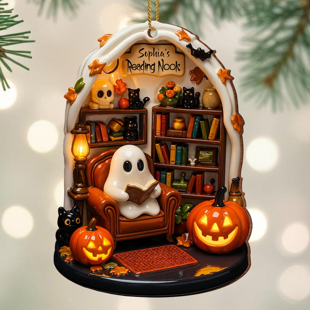 Create Your Own Personalized Reading Nook With Ghost and Pumpkin,Custom Wood Ornament,Gift For Book and Halloween Lovers - 2