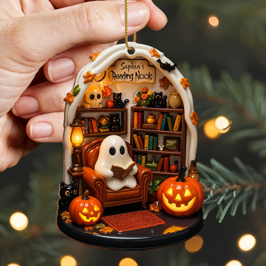 Create Your Own Personalized Reading Nook With Ghost and Pumpkin,Custom Wood Ornament,Gift For Book and Halloween Lovers - 3