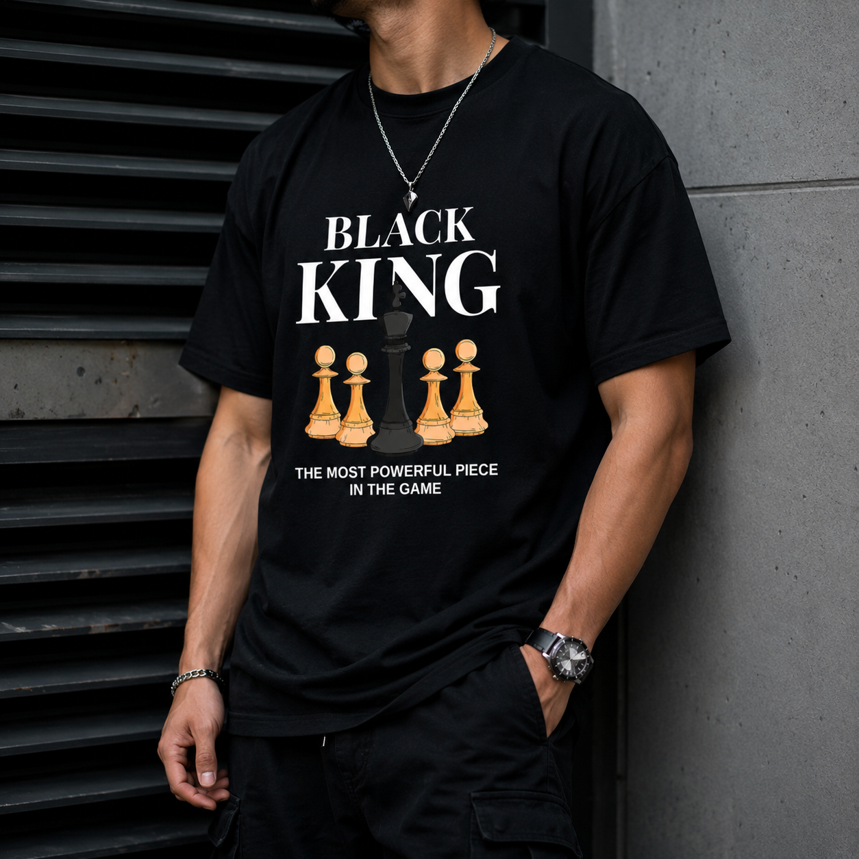 Men's Graphic T-Shirt with 'The Most Powerful Piece' Chess King Print, Breathable 100% Cotton Relaxed Fit Short Sleeve Tee